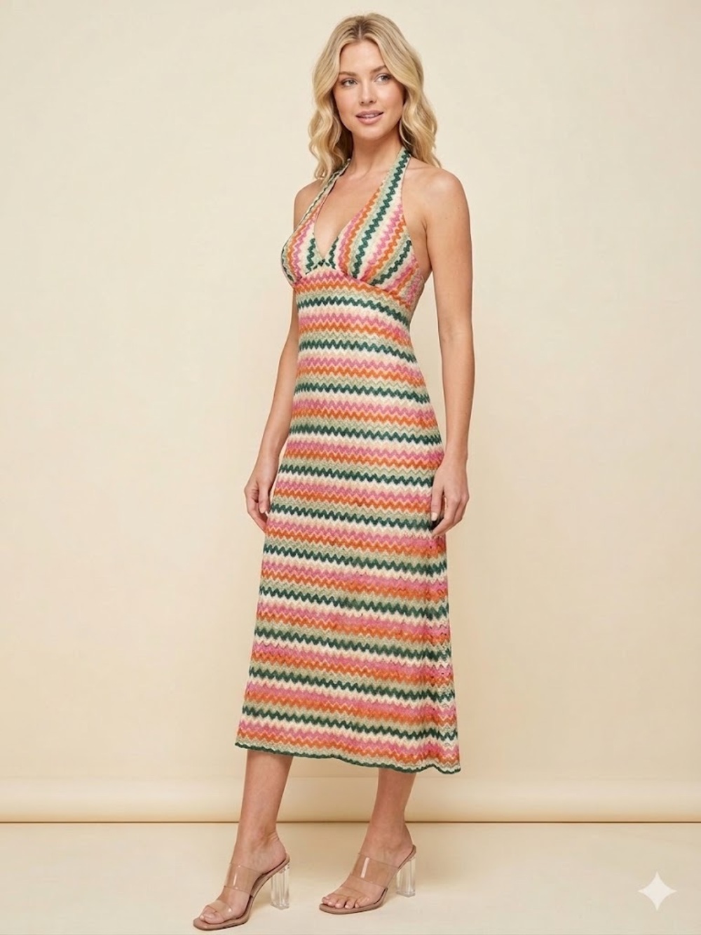 Nwt Premier Amour Crochet Womens Sleeveless Chevron Midi Halter Dress